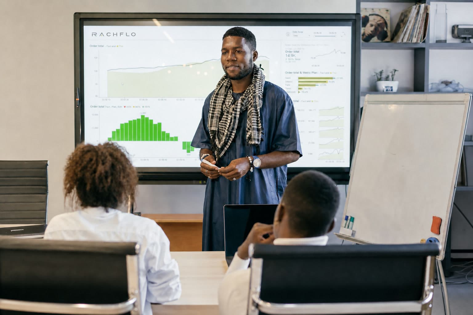Energy consultant presenting performance data to a client team
